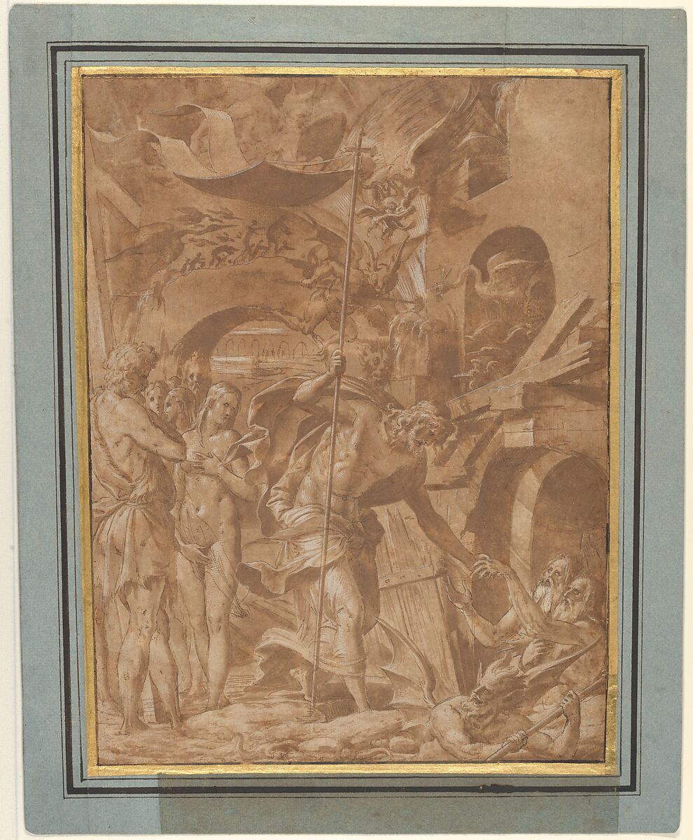 Christ in Limbo, Luca Penni (Italian, Florence 1500/1504–1557 Paris), Black chalk, pen and brown ink, brush and brown wash, highlighted with brush and white gouache, on paper prepared with pale brown wash; outlines incised for transfer