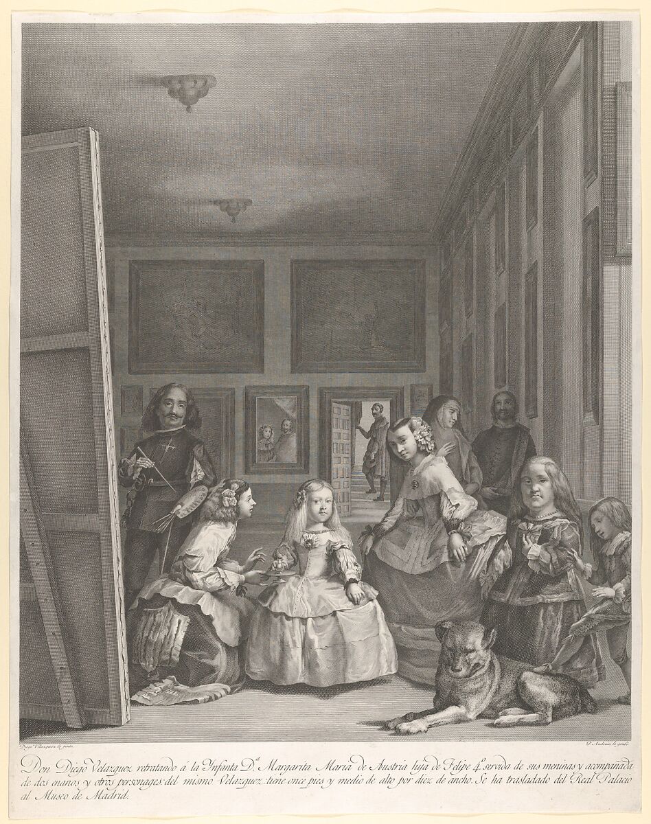 Las Meninas: the family of Philip IV in the foreground with the Infanta Margarita in the centre, Velázquez standing painting at left, the King and Queen reflected in the mirror in the background, Pierre Audouin (French, Paris 1768–1822 Paris), Engraving 