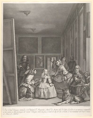 Las Meninas: the family of Philip IV in the foreground with the Infanta Margarita in the centre, Velázquez standing painting at left, the King and Queen reflected in the mirror in the background