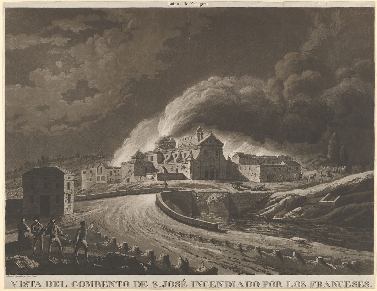 View of the Convent of San José in Saragossa set alight after bombing by the invading French army during the Napoleonic war in Spain, Fernando Brambila (Spanish, 1763–1834), Etching and aquatint 