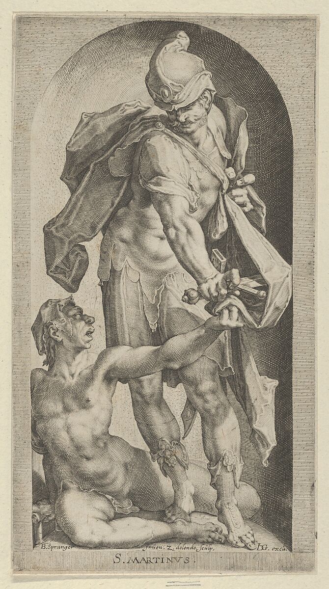 Saint Martin and Beggar, Zacharias Dolendo (Netherlandish, 1561–ca. 1604), Engraving 