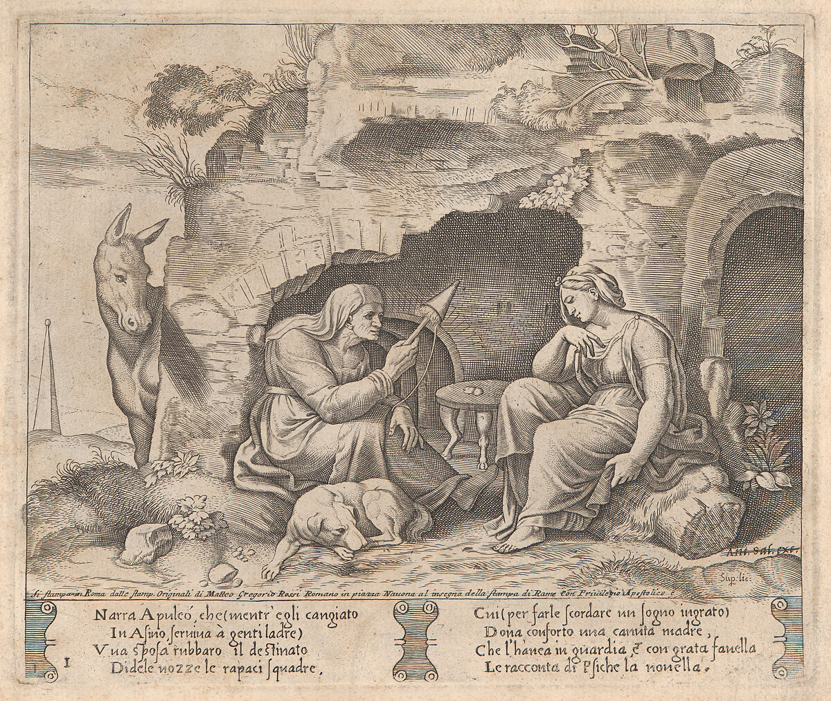 Plate 1: Apuleius changed into a donkey, listening to the story told by the old woman, from "The Story of Cupid and Psyche as told by Apuleius", Master of the Die (Italian, active Rome, ca. 1530–60), Engraving 