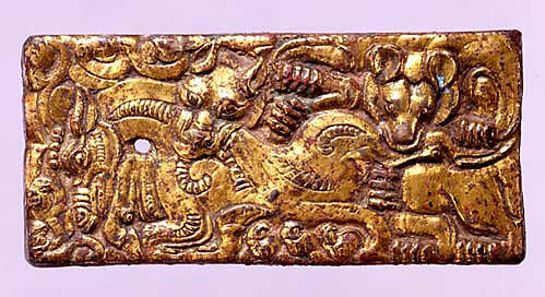 Belt Buckle with Animal-Combat Scene, Gilded bronze, North China 