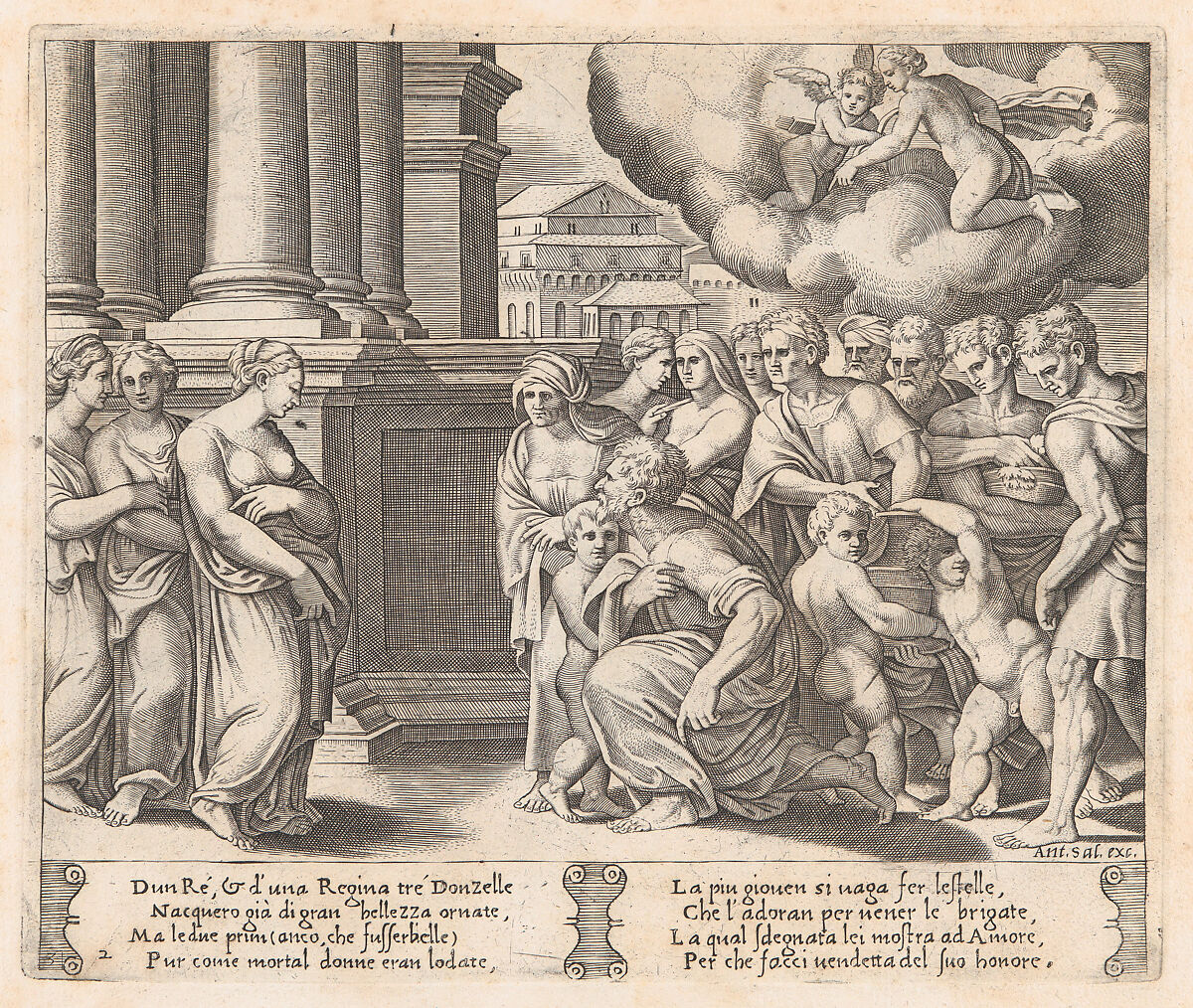 Plate 2: People rendering divine honors to Psyche, from "The Story of Cupid and Psyche as told by Apuleius", Master of the Die (Italian, active Rome, ca. 1530–60), Engraving 