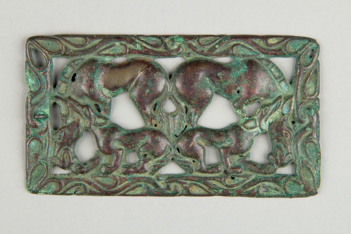 Belt Buckle with Kulans Attacked by Wolves, Bronze, Southern Siberia 