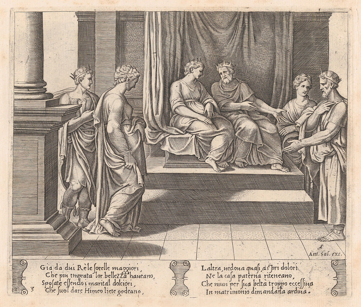Plate 3: Psyche's two sisters are married to kings, with Psyche standing at left, accompanied by another king, from "The Story of Cupid and Psyche as told by Apuleius", Master of the Die (Italian, active Rome, ca. 1530–60), Engraving 