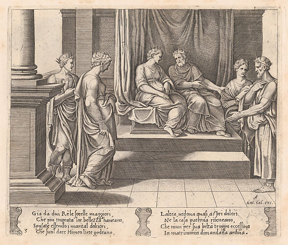 Plate 3: Psyche's two sisters are married to kings, with Psyche standing at left, accompanied by another king, from 