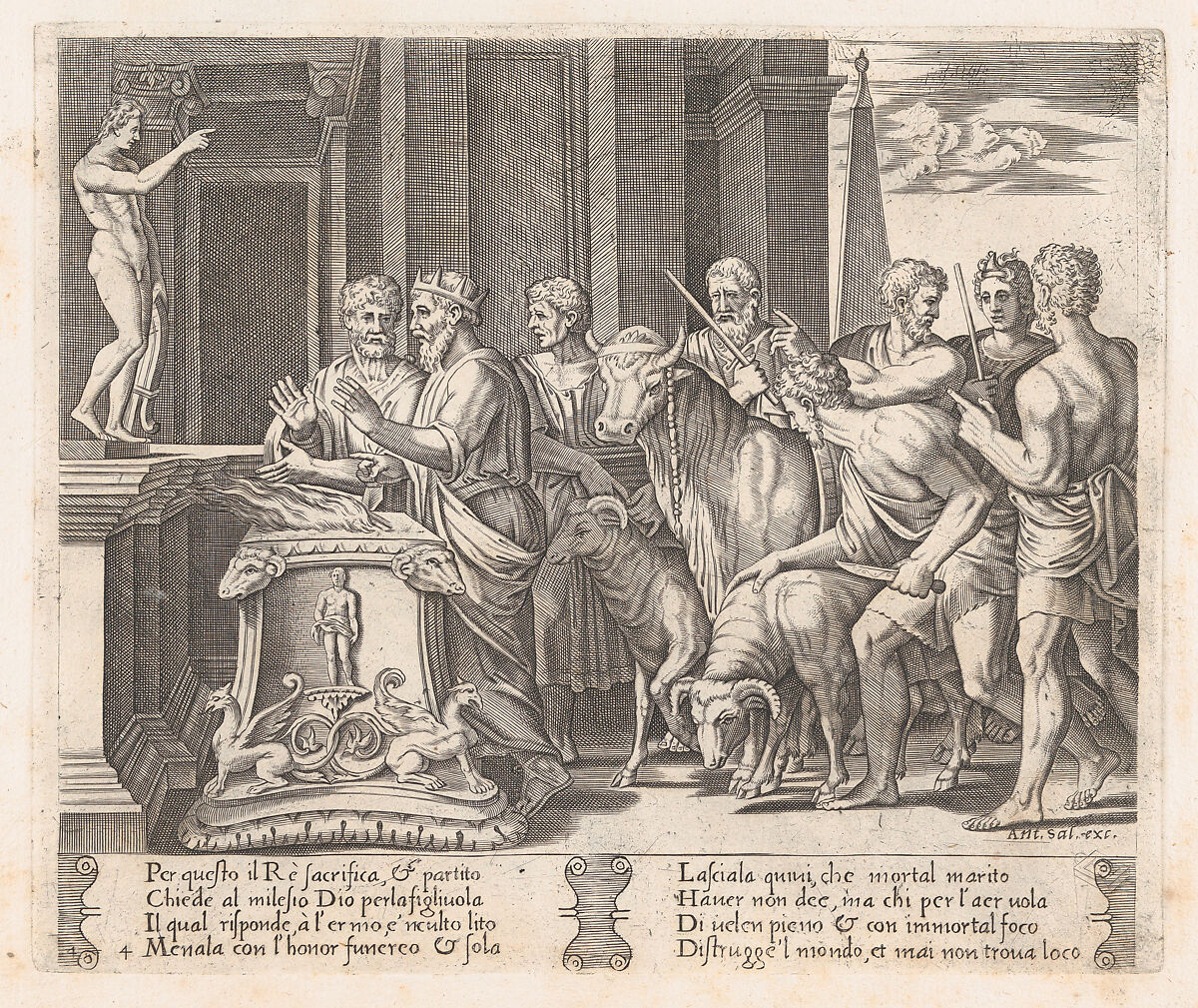 Plate 4: Psyche's father consulting the Oracle, accompanied by another king, from "The Story of Cupid and Psyche as told by Apuleius", Agostino Veneziano (Agostino dei Musi) (Italian, Venice ca. 1490–after 1536 Rome), Engraving 