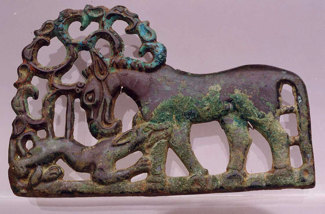 Belt Buckle with Animal-Combat Scene, Bronze, North China 