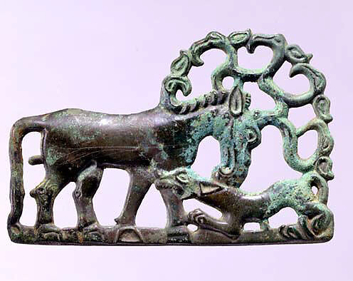 Belt Buckle with Animal-Combat Scene, Bronze, North China 