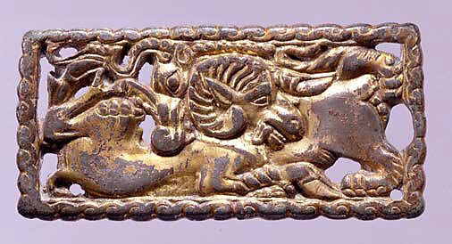 Belt Buckle with Wolf and Ram, Gilded bronze, North China 