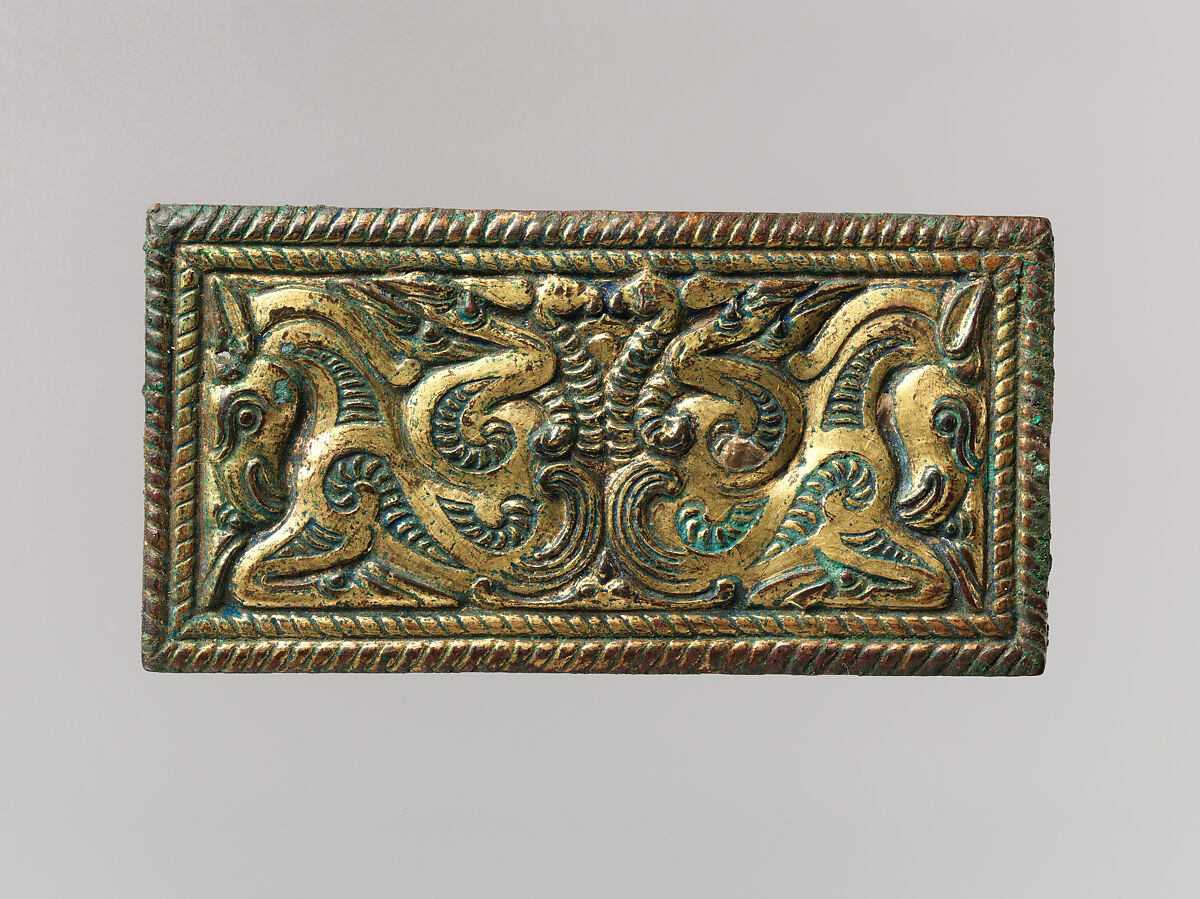 Belt Buckle with Beaked Ungulates, Gilded bronze, North China 