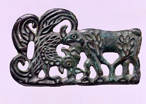 Belt Buckle with Raptor Attacking a Goat, Bronze, Inner Mongolia 