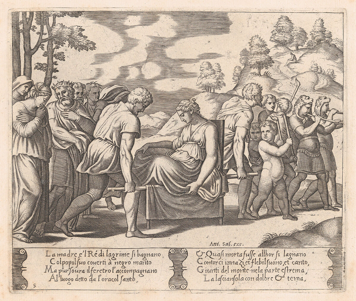 Plate 5: Psyche, seated, being taken to a mountain with a musical troupe leading the way, from "The Story of Cupid and Psyche as told by Apuleius", Master of the Die (Italian, active Rome, ca. 1530–60), Engraving 