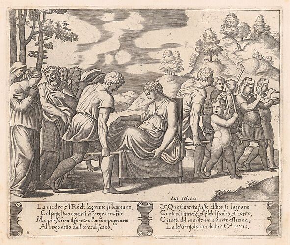 Plate 5: Psyche, seated, being taken to a mountain with a musical troupe leading the way, from 