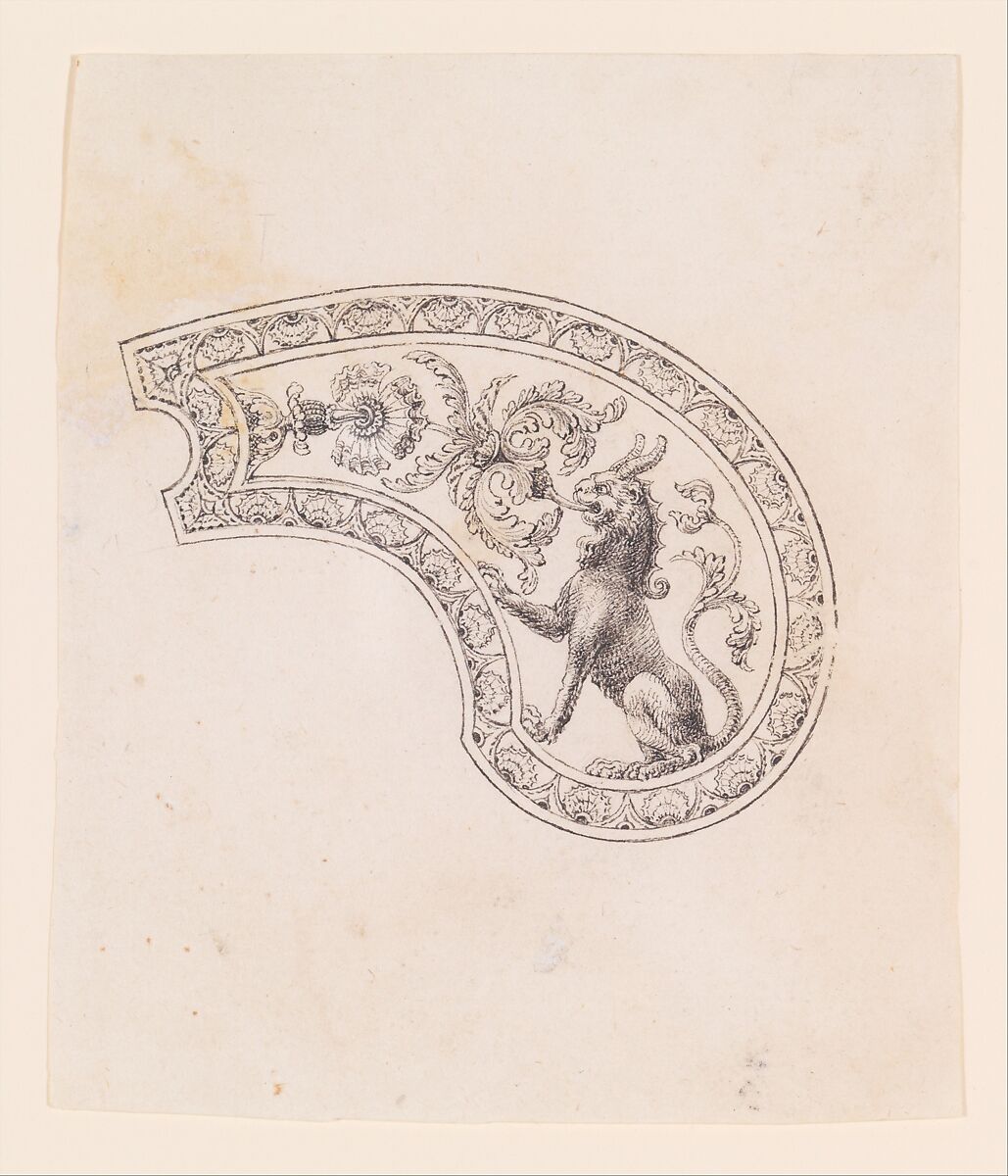 Design for the Decoration of the Grip of a Pocket Pistol, Workshop of Nicolas Noël Boutet (French, Versailles and Paris, 1761–1833), Pencil, ink, gray wash on paper, French, Versailles 