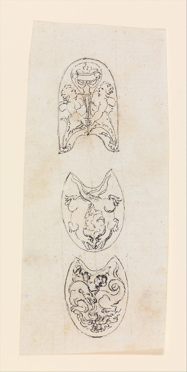 Designs for the Decoration of the Frizzen and Jaws of the Cock of a Firearm, Workshop of Nicolas Noël Boutet (French, Versailles and Paris, 1761–1833), Pencil, ink, gray wash on paper, French, Versailles 