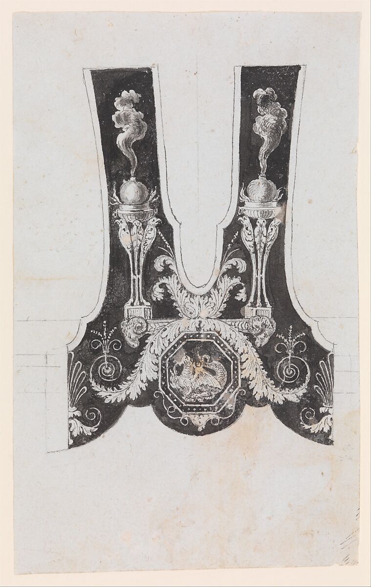 Design for the Decoration of the Surround of the Barrel Tang of a Firearm, Workshop of Nicolas Noël Boutet (French, Versailles and Paris, 1761–1833), Pencil, ink, gray wash on paper, French, Versailles 