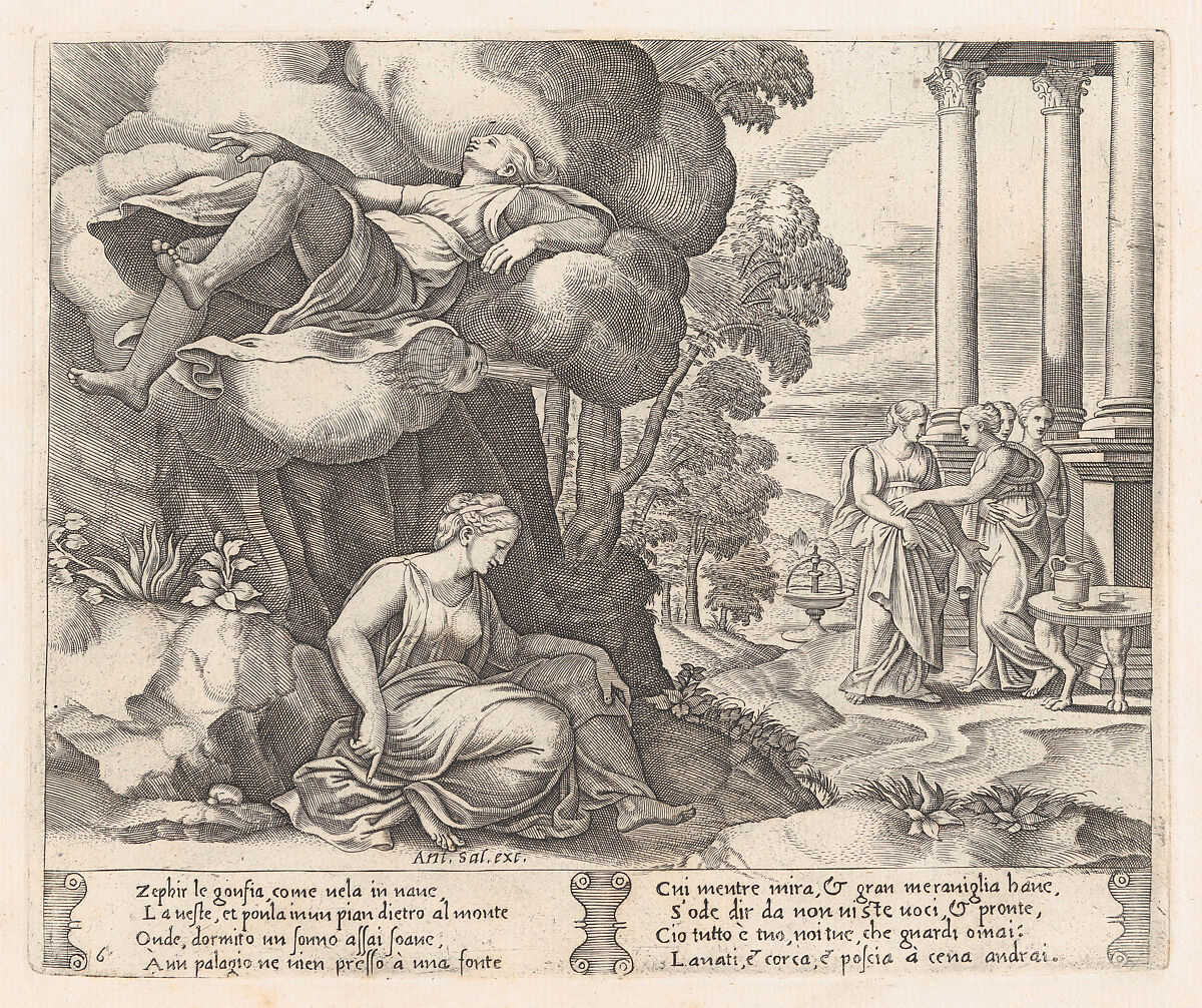 Plate 6: Zephyr carrying Psyche to an enchanted palace, from the Story of Cupid and Psyche as told by Apuleius, Master of the Die (Italian, active Rome, ca. 1530–60), Engraving 