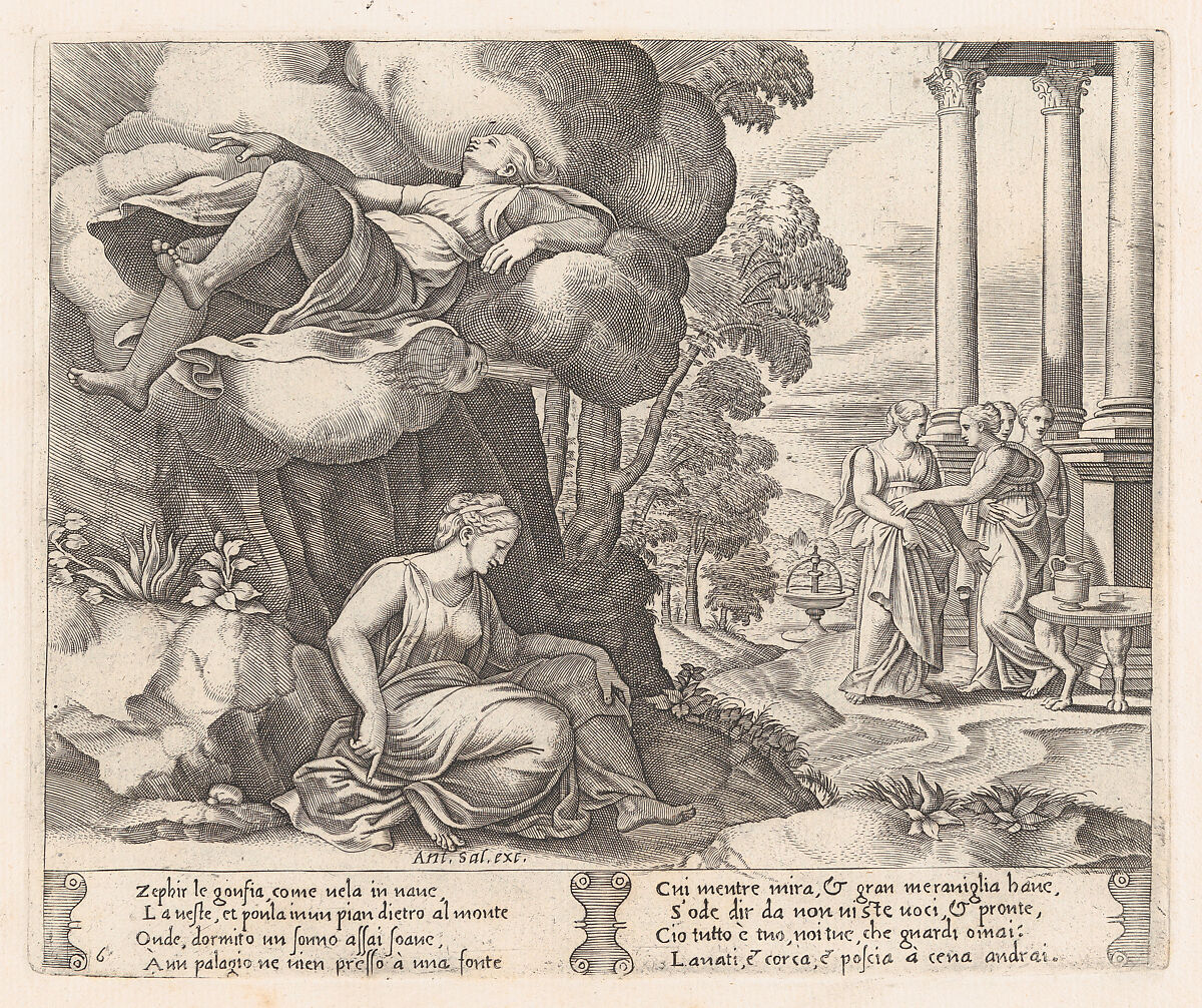 Plate 6: Zephyr carrying Psyche to an enchanted palace, from "The Story of Cupid and Psyche as told by Apuleius", Master of the Die (Italian, active Rome, ca. 1530–60), Engraving 