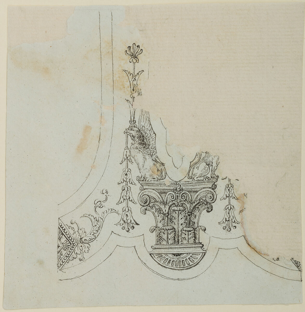 Partial Design for the Decoration of the Surround of the Barrel Tang of a Firearm, Workshop of Nicolas Noël Boutet (French, Versailles and Paris, 1761–1833), Pencil, ink, gray wash on paper, French, Versailles 