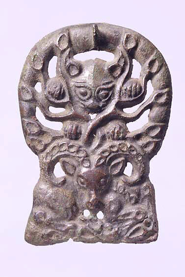 Belt Buckle with Lynx Attacking an Argali, Bronze, Eastern Siberia