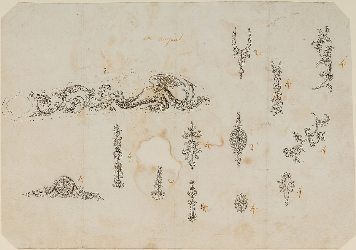 Thirteen Designs for the Decoration of Firearms, Workshop of Nicolas Noël Boutet (French, Versailles and Paris, 1761–1833), Pencil, ink, gray wash on paper, French, Versailles 