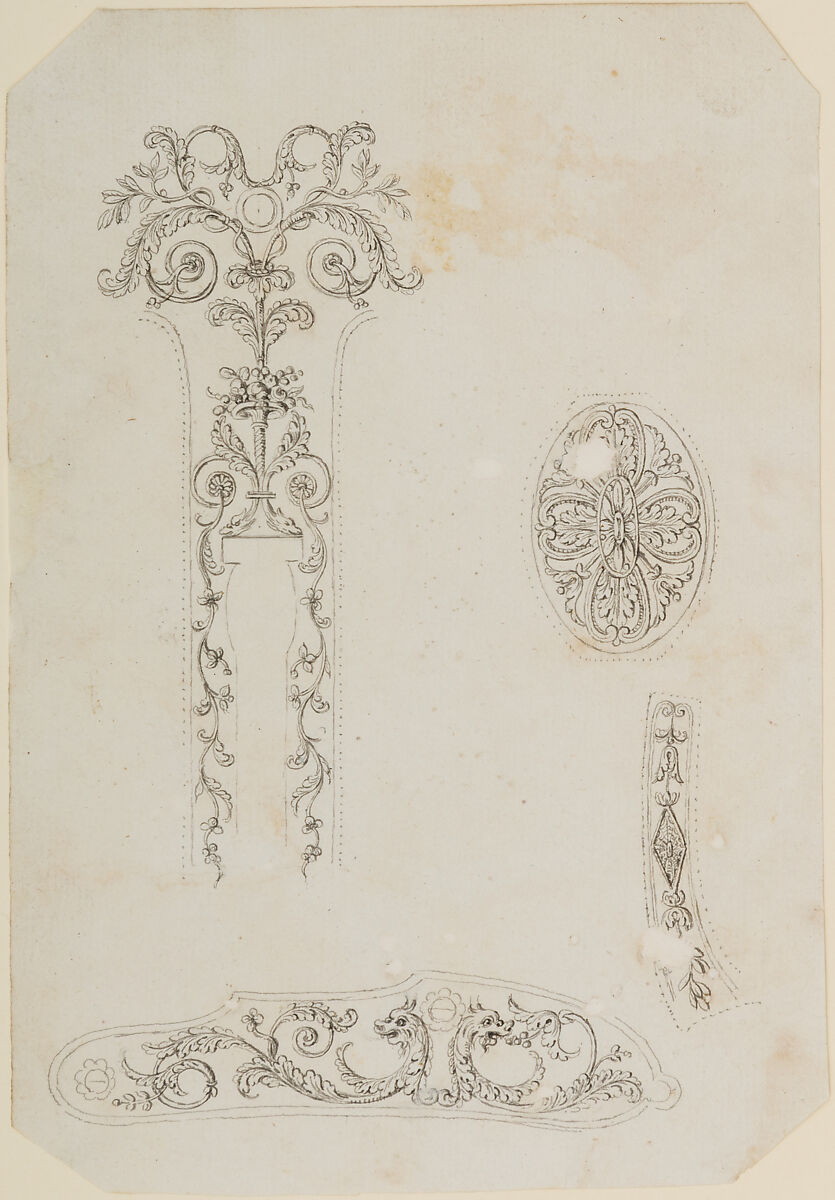 Four Designs for the Decoration of Firearms, Workshop of Nicolas Noël Boutet (French, Versailles and Paris, 1761–1833), Pencil, ink, gray wash on paper, French, Versailles 
