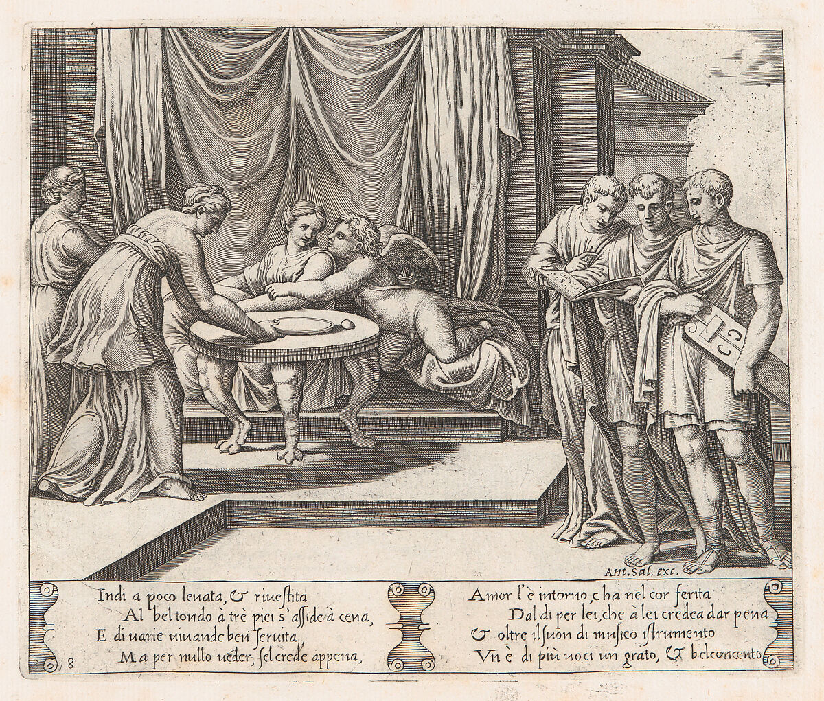 Plate 8: Psyche seated at a table attended by invisible servants, as Cupid rests his head on her shoulder, at right four men standing singing from an open book, one playing a lute, from "The Story of Cupid and Psyche as told by Apuleius", Master of the Die (Italian, active Rome, ca. 1530–60), Engraving 