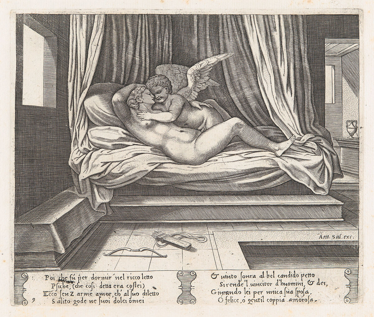 Plate 9: Cupid and Psyche on a bed, from "The Story of Cupid and Psyche as told by Apuleius", Master of the Die (Italian, active Rome, ca. 1530–60), Engraving 