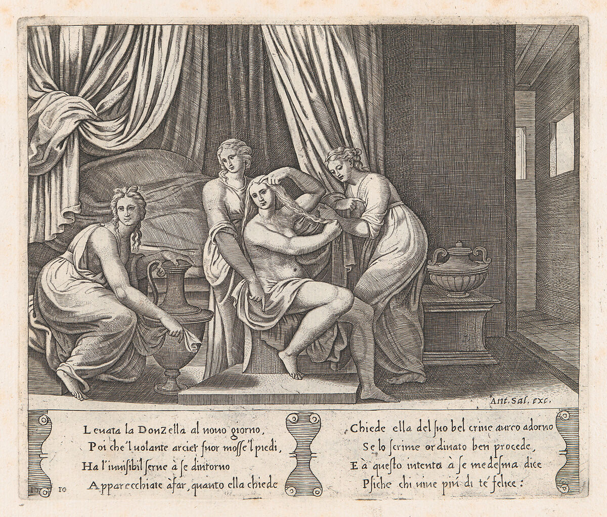 Plate 10: Nymphs dressing Psyche's hair, from "The Story of Cupid and Psyche as told by Apuleius", Master of the Die (Italian, active Rome, ca. 1530–60), Engraving 