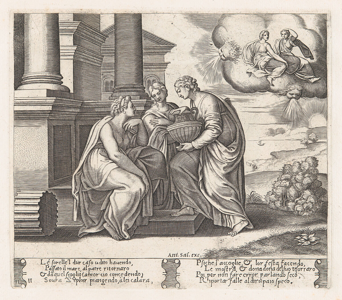 Plate 11: Psyche offering presents to her sisters who also appear on the clouds at upper right, from "The Story of Cupid and Psyche as told by Apuleius", Master of the Die (Italian, active Rome, ca. 1530–60), Engraving 