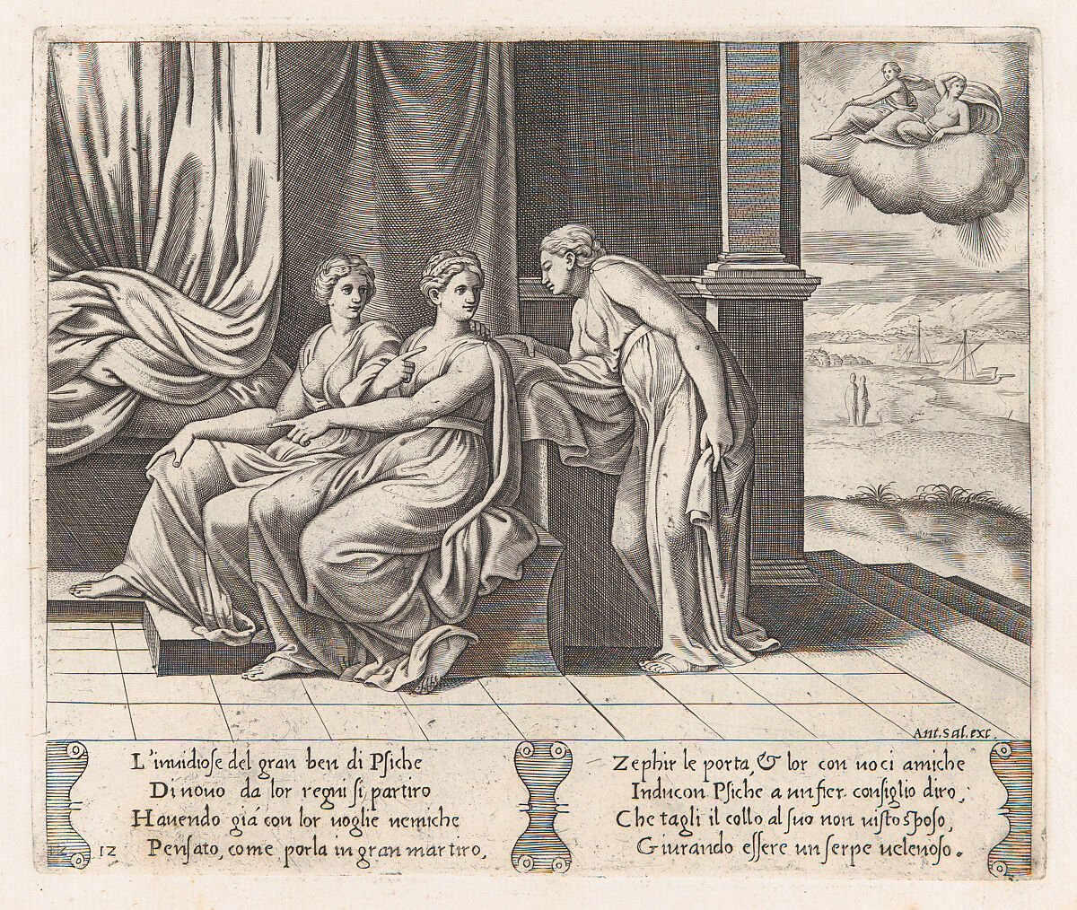 Plate 12: Psyche's sisters persuading Psyche that she has been sleeping with a serpent, from "The Story of Cupid and Psyche as told by Apuleius", Master of the Die (Italian, active Rome, ca. 1530–60), Engraving 