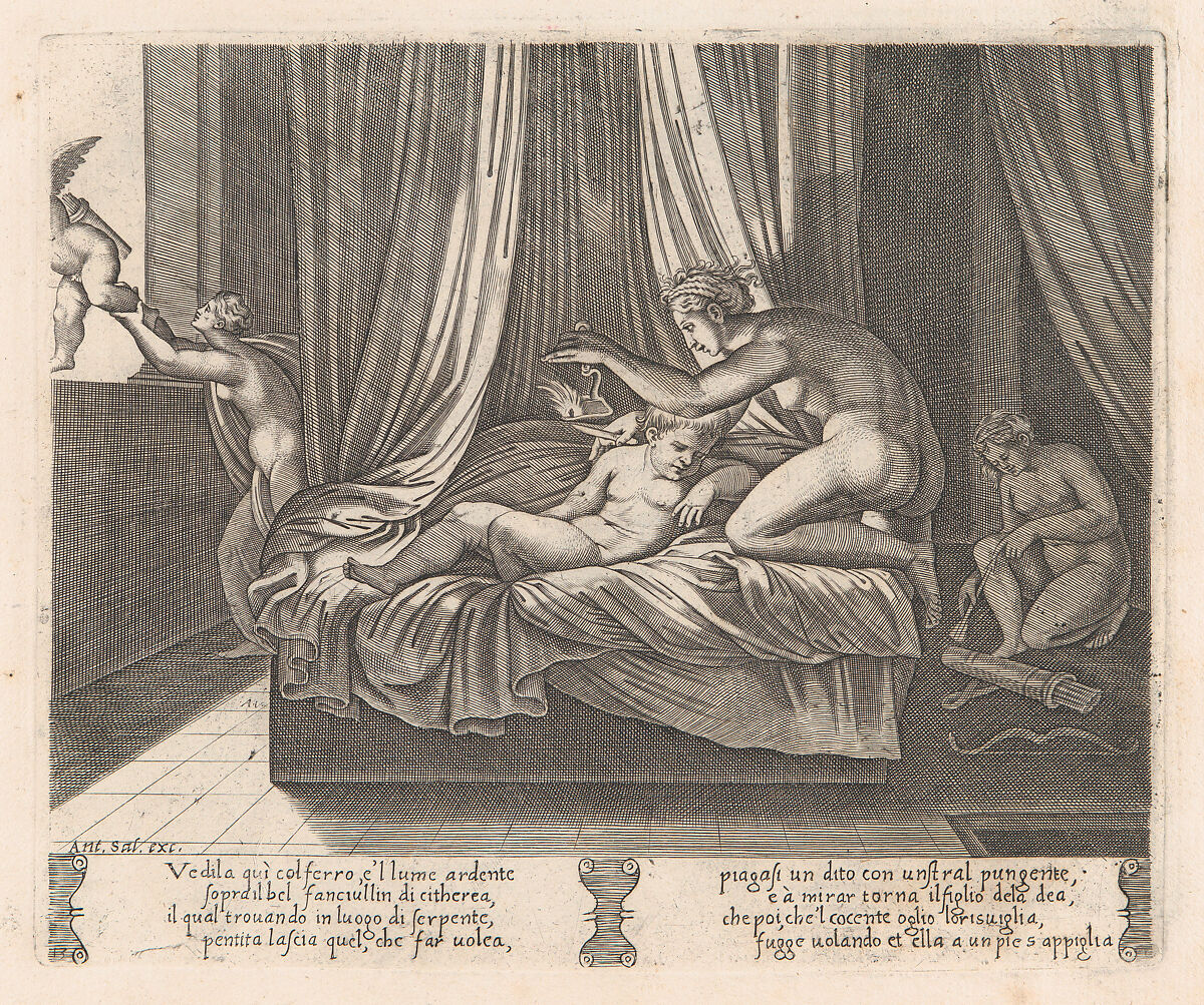 Plate 13: Psyche looking at Cupid, from "The Story of Cupid and Psyche as told by Apuleius", Agostino Veneziano (Agostino dei Musi) (Italian, Venice ca. 1490–after 1536 Rome), Engraving 