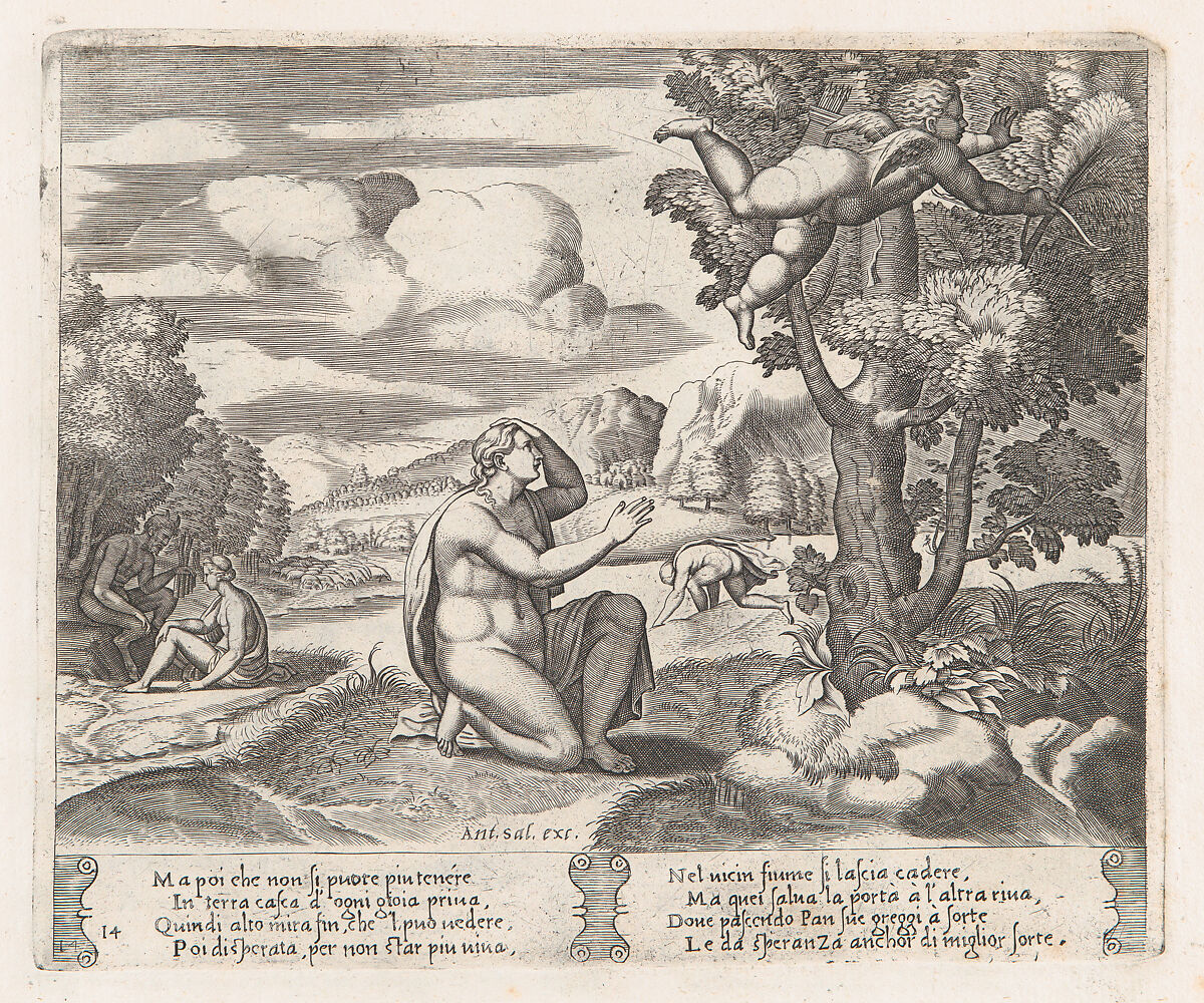 Plate 14: Psyche kneeling in the foreground as Cupid flees from her, from "The Story of Cupid and Psyche as told by Apuleius", Master of the Die (Italian, active Rome, ca. 1530–60), Engraving 