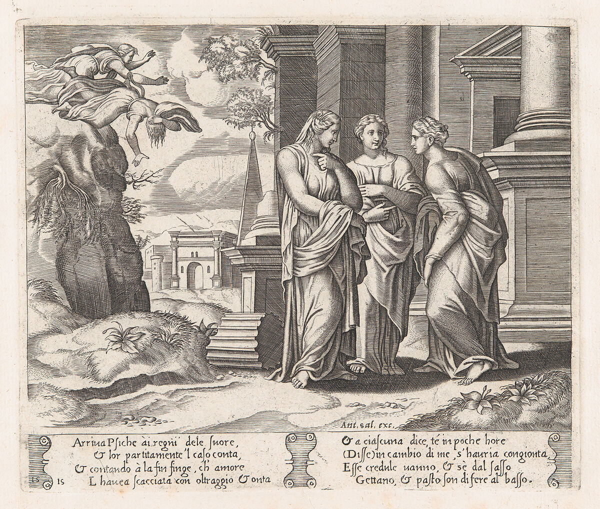 Plate 15: Psyche telling her sisters about her misfortunes, with her sisters falling off of a precipice at upper left, from "The Story of Cupid and Psyche as told by Apuleius", Master of the Die (Italian, active Rome, ca. 1530–60), Engraving 