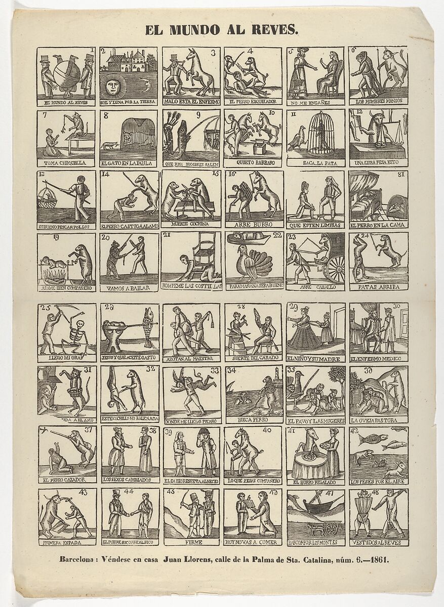 The world upside down ('El Mundo al Reves'), Juan Llorens (Spanish, active Barcelona, ca. 1855–70), Wood engraving 