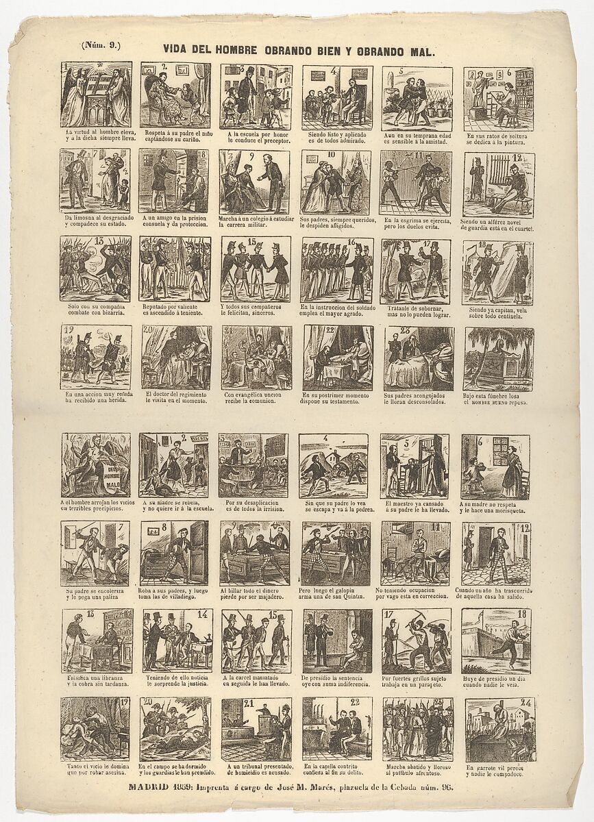 The life of the man who works well and the other badly ('vida del hombre obrando bien y obrando mal') 1859, Printed by José María Marés (Spanish, active ca. 1850–70), Woodcut 