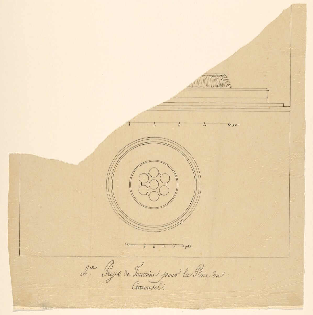 Project for a Fountain for La Place du Carrousel, Pierre François Léonard Fontaine (French, Pontoise 1762–1853 Paris), Pen and black ink on tracing paper 