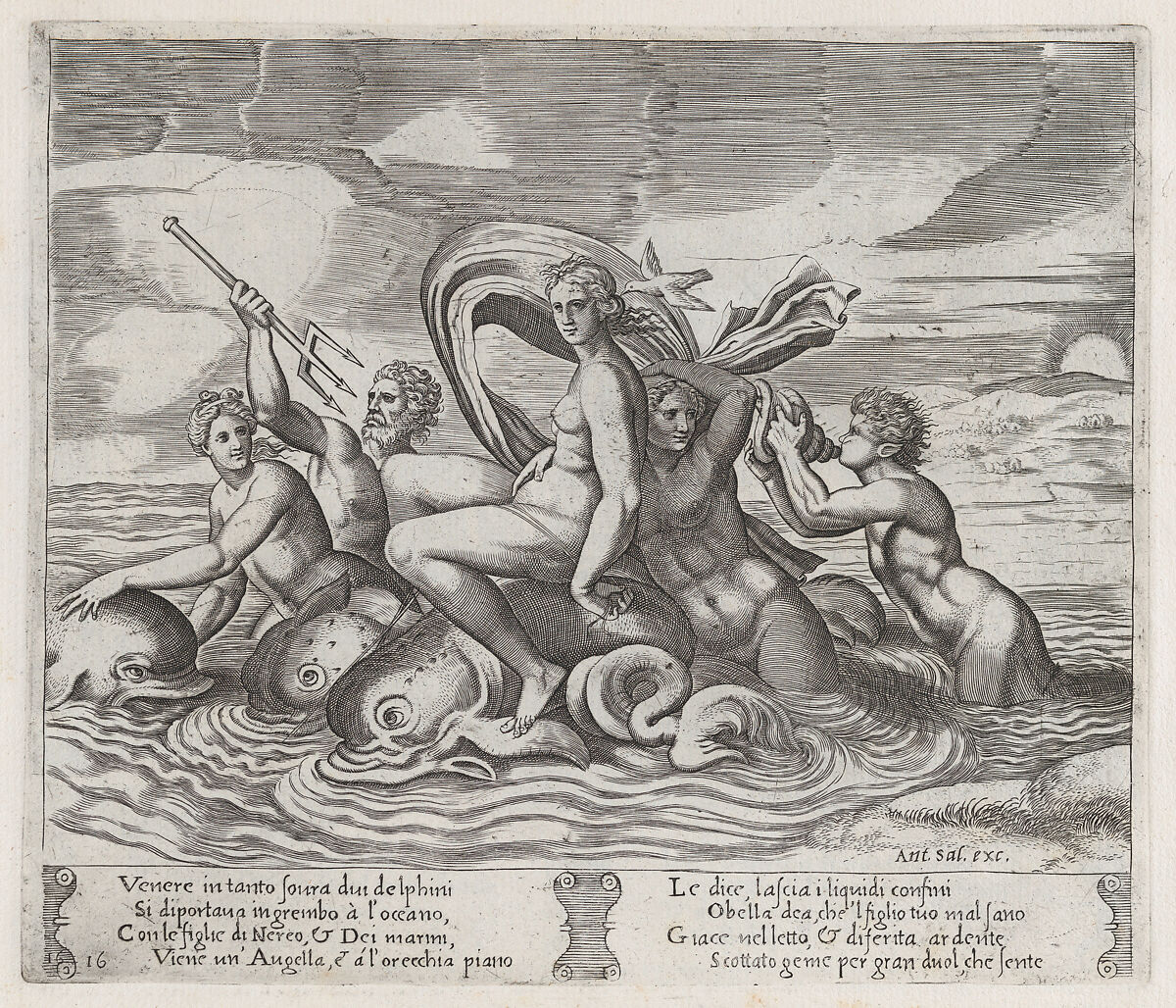 Plate 16: A white bird tells Psyche of Cupid's illness, as she rides dolphins on the sea accompanied by tritons and nereids, from "The Story of Cupid and Psyche as told by Apuleius", Master of the Die (Italian, active Rome, ca. 1530–60), Engraving 