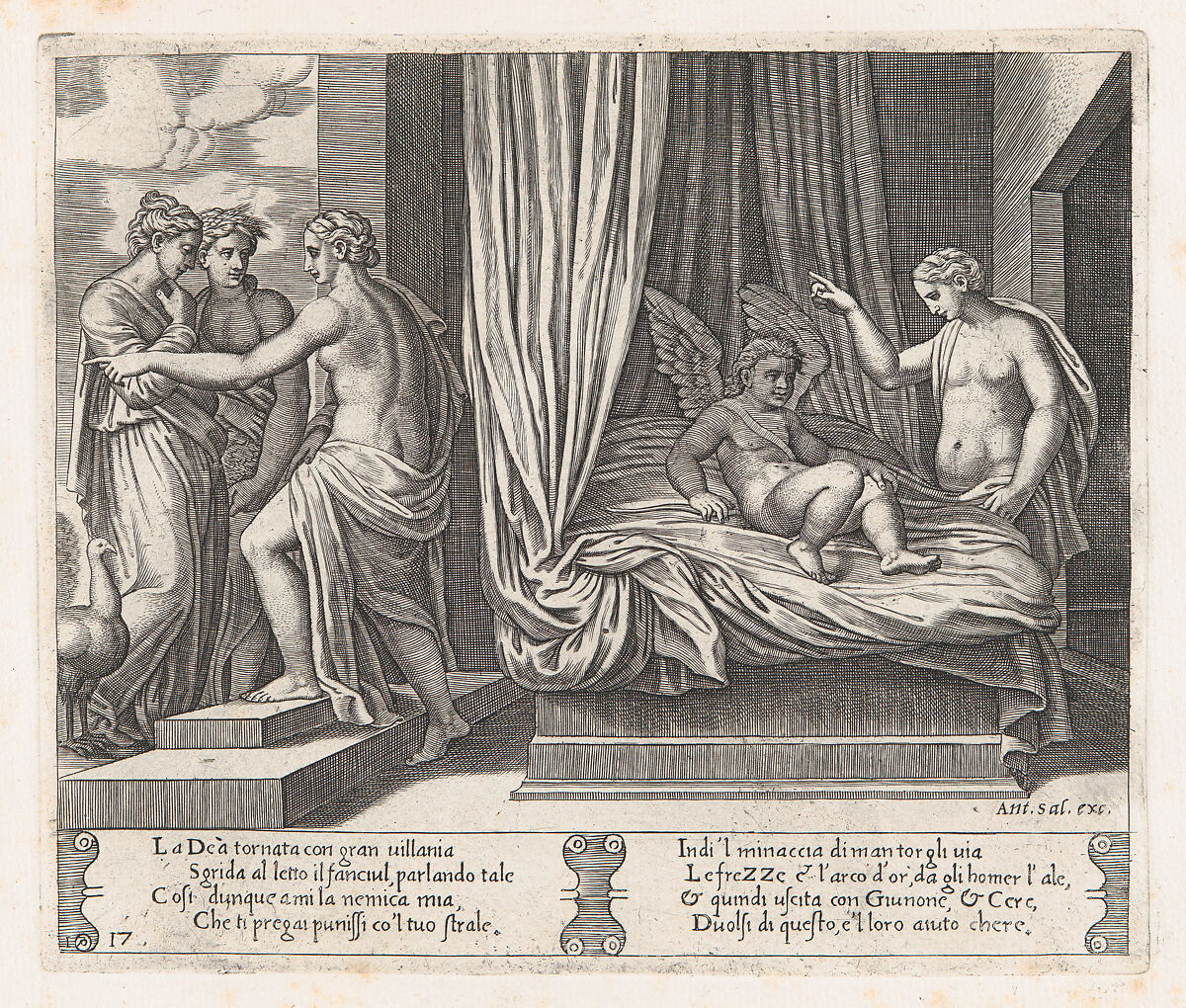 Plate 17: Venus chastising Cupid, who sits on a bed, with Psyche at right, from "The Story of Cupid and Psyche as told by Apuleius", Master of the Die (Italian, active Rome, ca. 1530–60), Engraving 