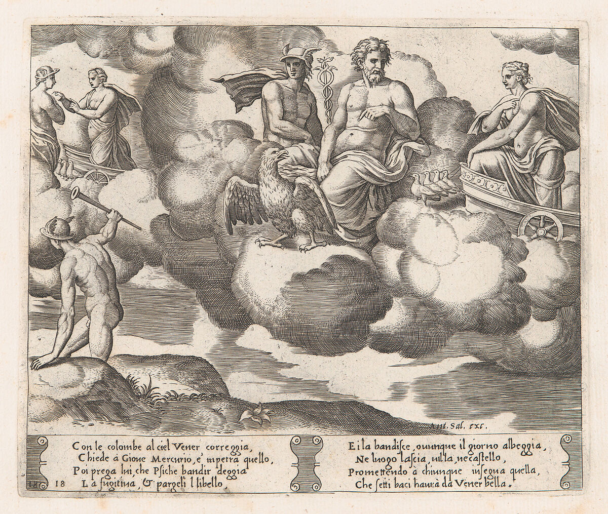 Plate 18: Venus in her dove-drawn chariot complaining to Jupiter, who is accompanied by Mercury and an eagle, at left Mercury has descended to earth, from "The Story of Cupid and Psyche as told by Apuleius", Master of the Die (Italian, active Rome, ca. 1530–60), Engraving 