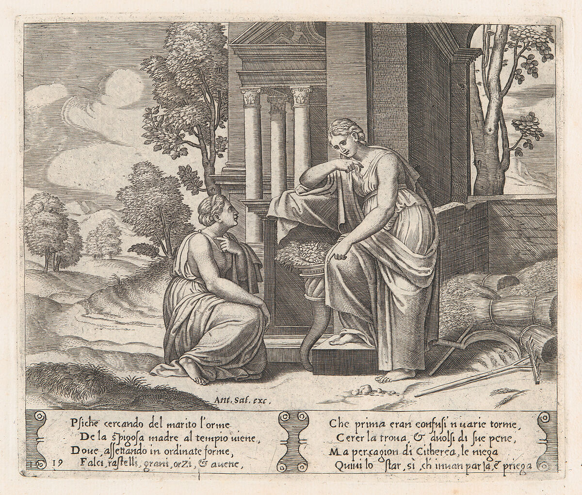 Plate 19: Ceres at right, leaning on a pedestal, refusing to assist Psyche, from "The Story of Cupid and Psyche as told by Apuleius", Master of the Die (Italian, active Rome, ca. 1530–60), Engraving 