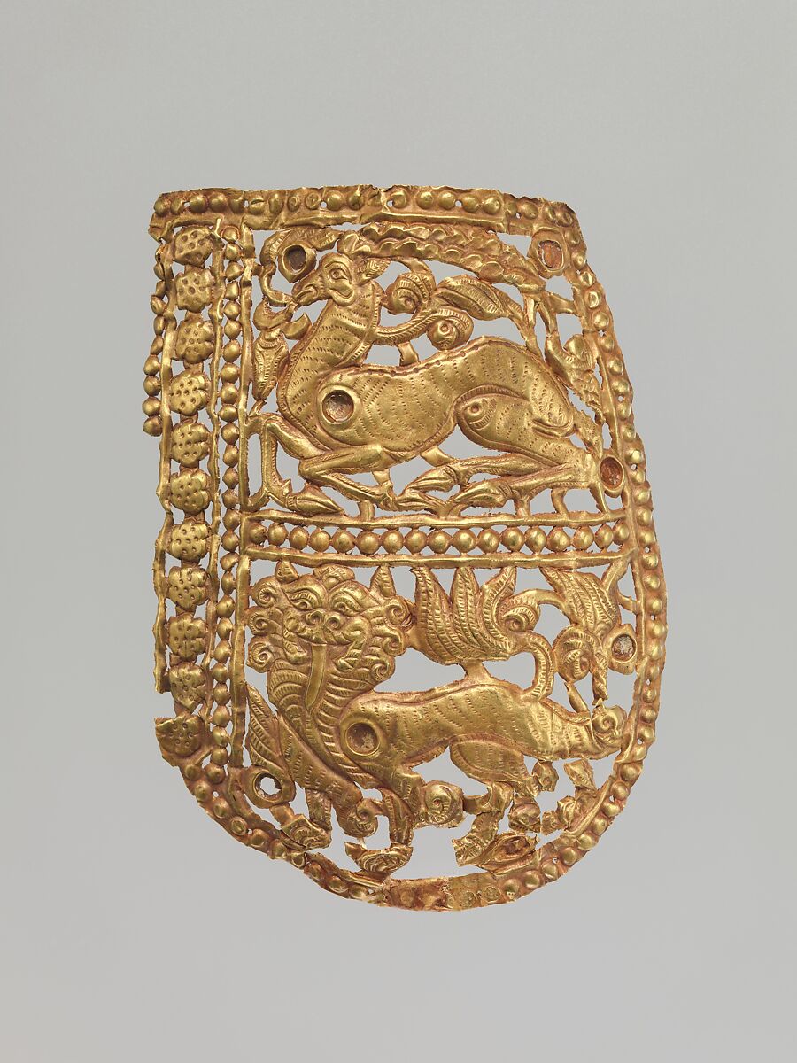 Clothing Plaque with Antelope and Tiger, Gold, China (Xinjiang Autonomous Region, Central Asia) 
