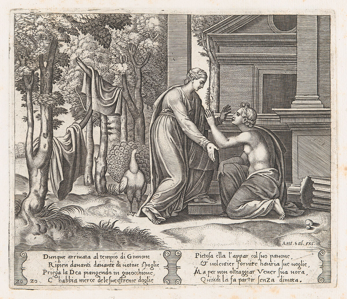 Plate 20: Juno, standing at left, sends away Psyche, who kneels before her, from "The Story of Cupid and Psyche as told by Apuleius", Master of the Die (Italian, active Rome, ca. 1530–60), Engraving 