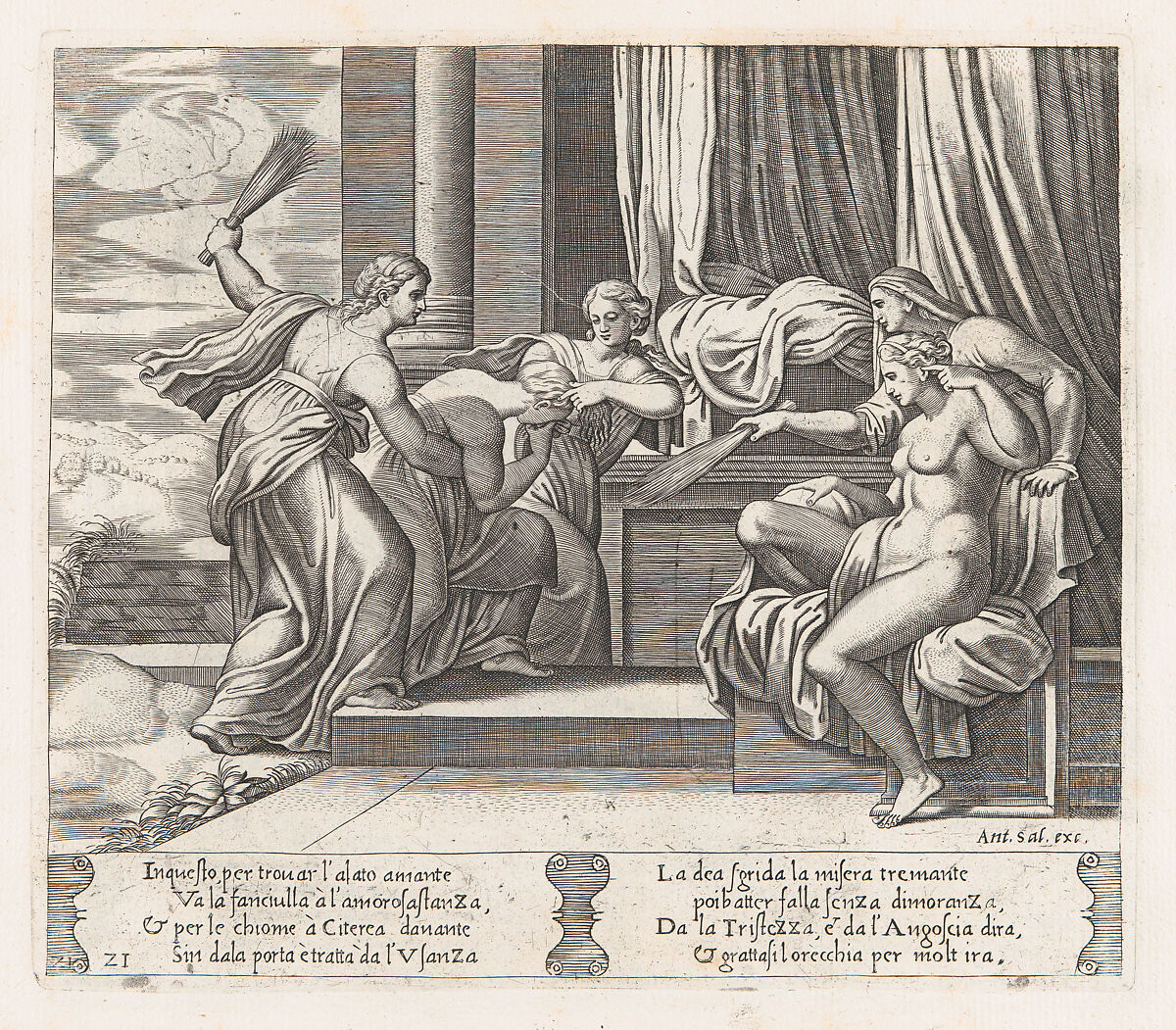 Plate 21: Female personifications of Sorrow and Pain at right punishing Psyche at the behest of Venus, who sits at right, from "The Story of Cupid and Psyche as told by Apuleius", Master of the Die (Italian, active Rome, ca. 1530–60), Engraving 