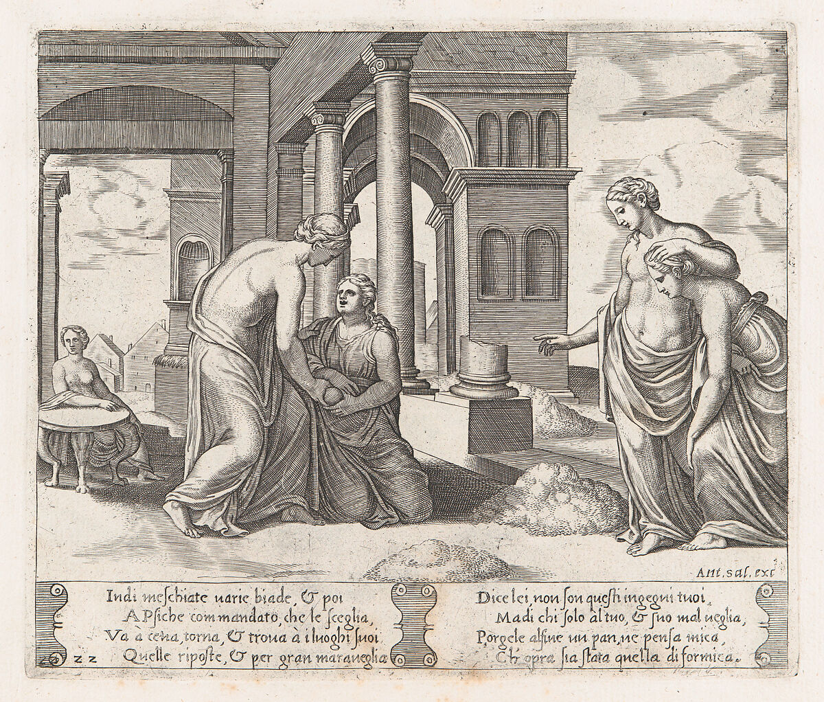Plate 22: Venus standing at right ordering Psyche to sort a pile of grain, at left the same pair hold a loaf of bread, from "The Story of Cupid and Psyche as told by Apuleius", Master of the Die (Italian, active Rome, ca. 1530–60), Engraving 