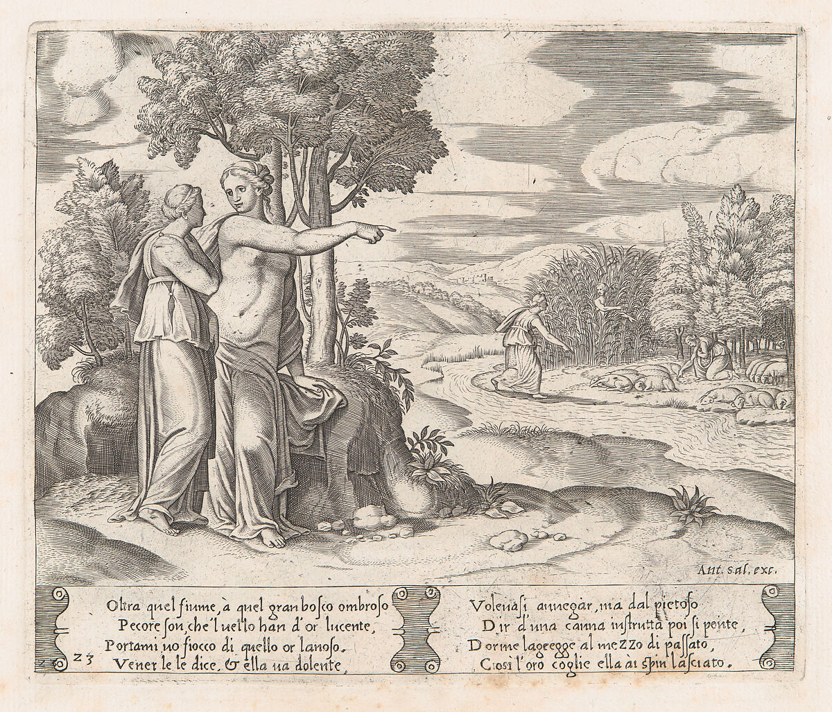 Plate 23: Psyche on the order of Venus departing to find the golden fleece, from "The Story of Cupid and Psyche as told by Apuleius", Master of the Die (Italian, active Rome, ca. 1530–60), Engraving 