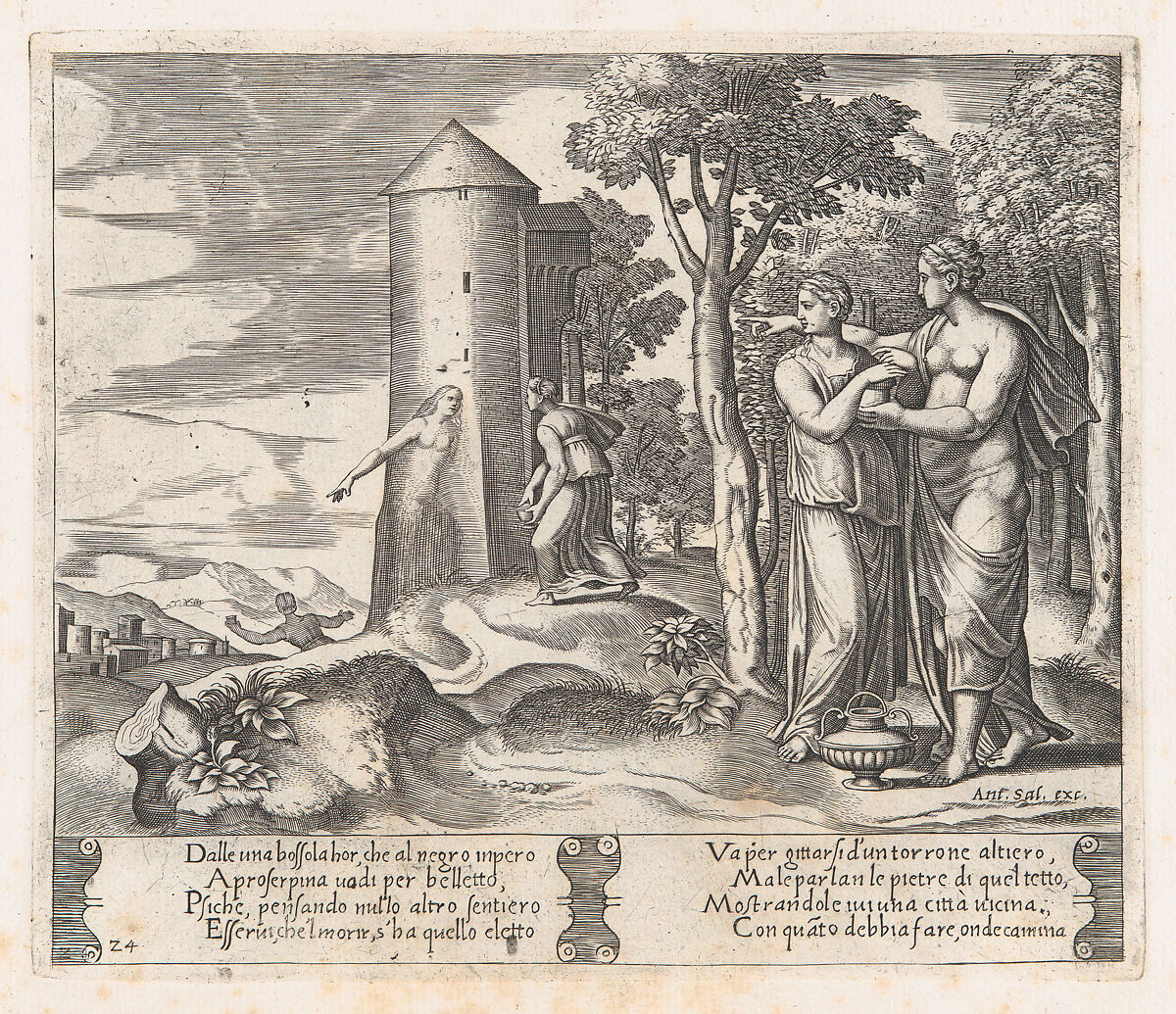 Plate 24: Venus and Psyche standing at right, pointing to the underworld at center, into which Psyche enters, from "The Story of Cupid and Psyche as told by Apuleius", Master of the Die (Italian, active Rome, ca. 1530–60), Engraving 