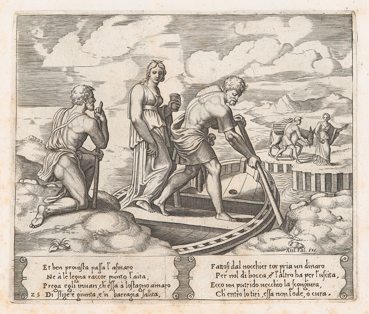 Plate 25: Psyche setting off in Charon's boat, ignoring the old man at left who requests alms, from "The Story of Cupid and Psyche as told by Apuleius", Master of the Die (Italian, active Rome, ca. 1530–60), Engraving 